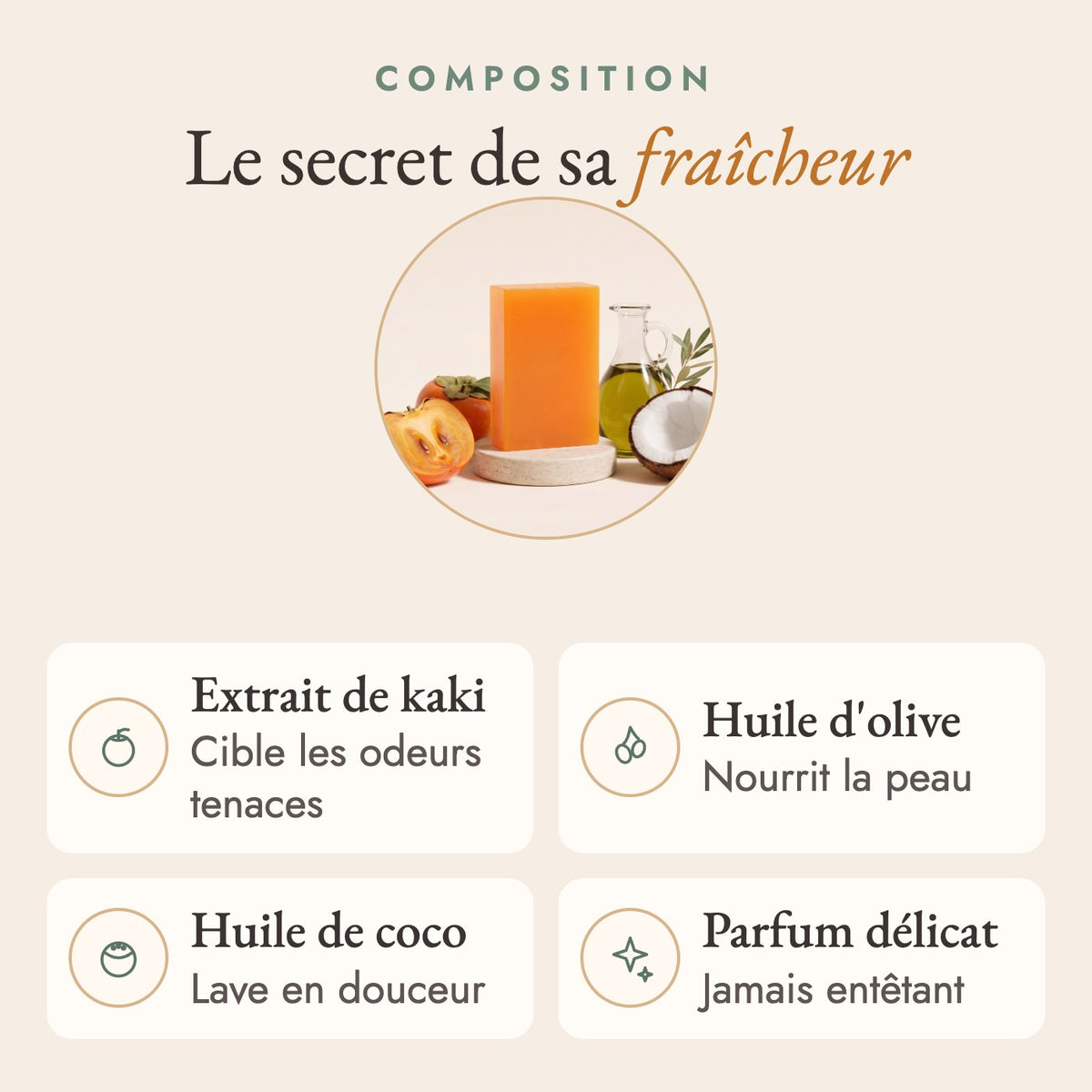 Ingrédients Kyora : extrait de kaki, huile d'olive, huile de coco, parfum léger