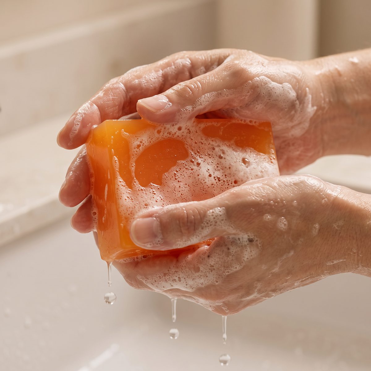 Mousse onctueuse du savon Kiyora entre les mains